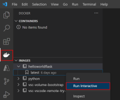 Screenshot showing how to use the Docker extension in VS Code to run a container from a Docker image.