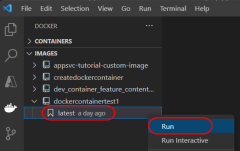 A screenshot showing how to run a Docker container in Visual Studio Code.