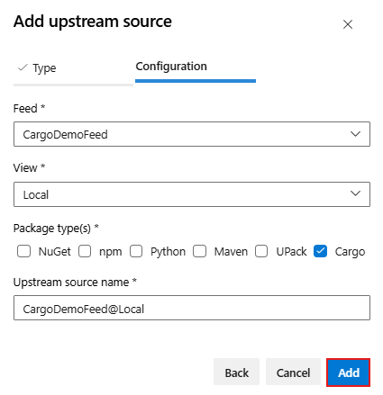 Azure Artifacts에서 새 내부 피드를 업스트림 원본으로 추가하는 방법을 보여 주는 스크린샷
