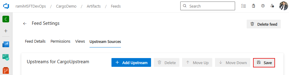 Azure Artifacts에 업스트림 원본을 저장하는 방법을 보여 주는 스크린샷