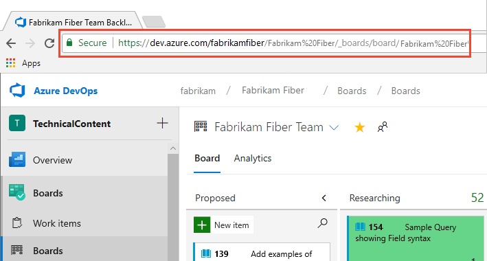 Screenshot showing red square surrounding the URL for the Kanban board.