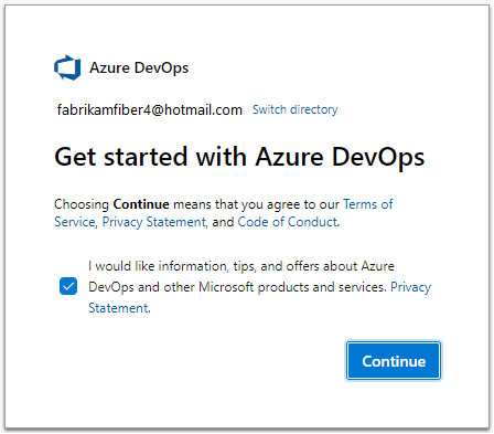 Azure DevOps 시작, 계속을 선택합니다.
