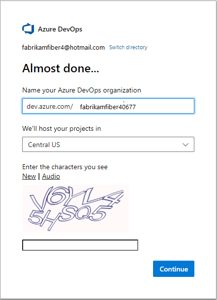 Azure DevOps를 시작하고 조직 이름 및 지역을 선택합니다.