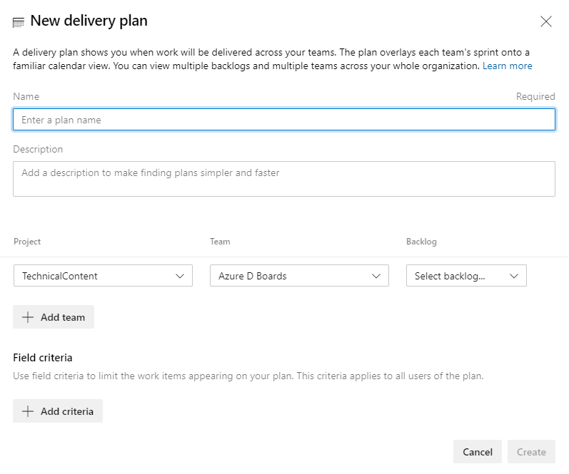 Dialog forNew delivery plan.