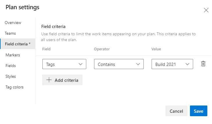 Dialog for Plan settings, Field criteria page.
