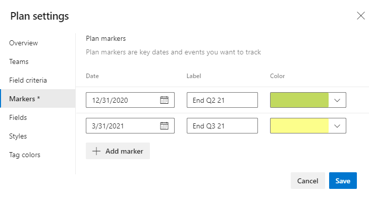 Dialog for Plans settings, Markers tab, two markers defined.