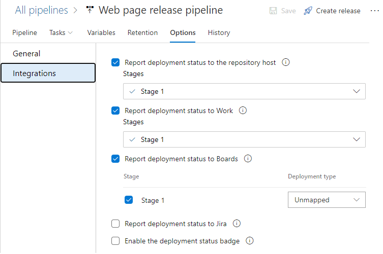 Screenshot of Release pipeline Options>Integrations settings.