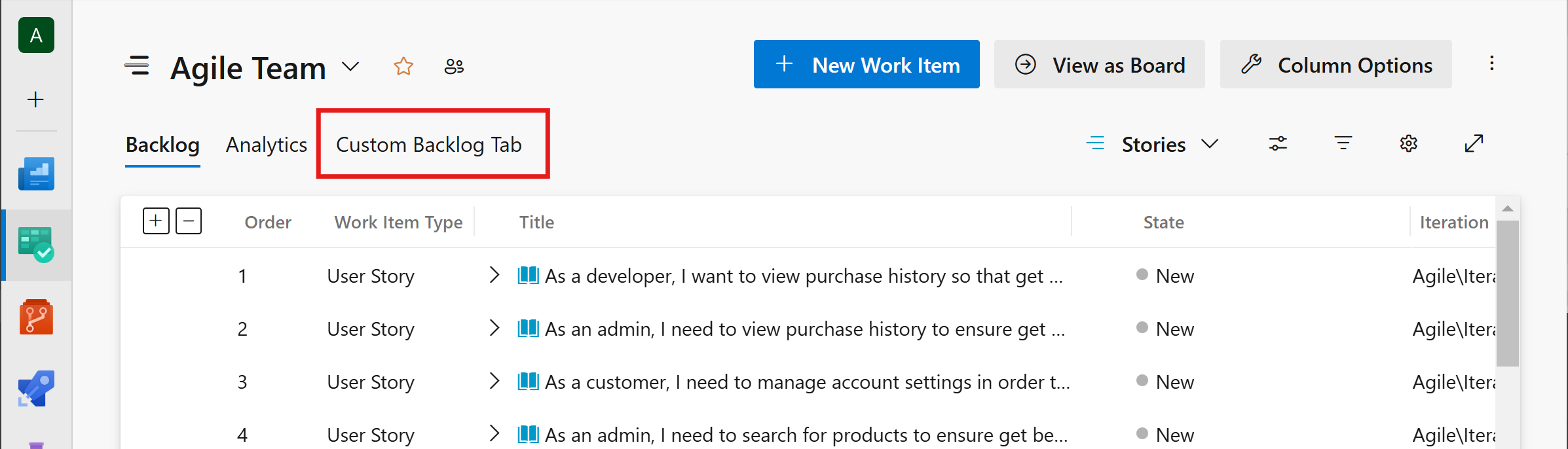 Azure DevOps Services 제품 백로그 페이지의 탭 위치
