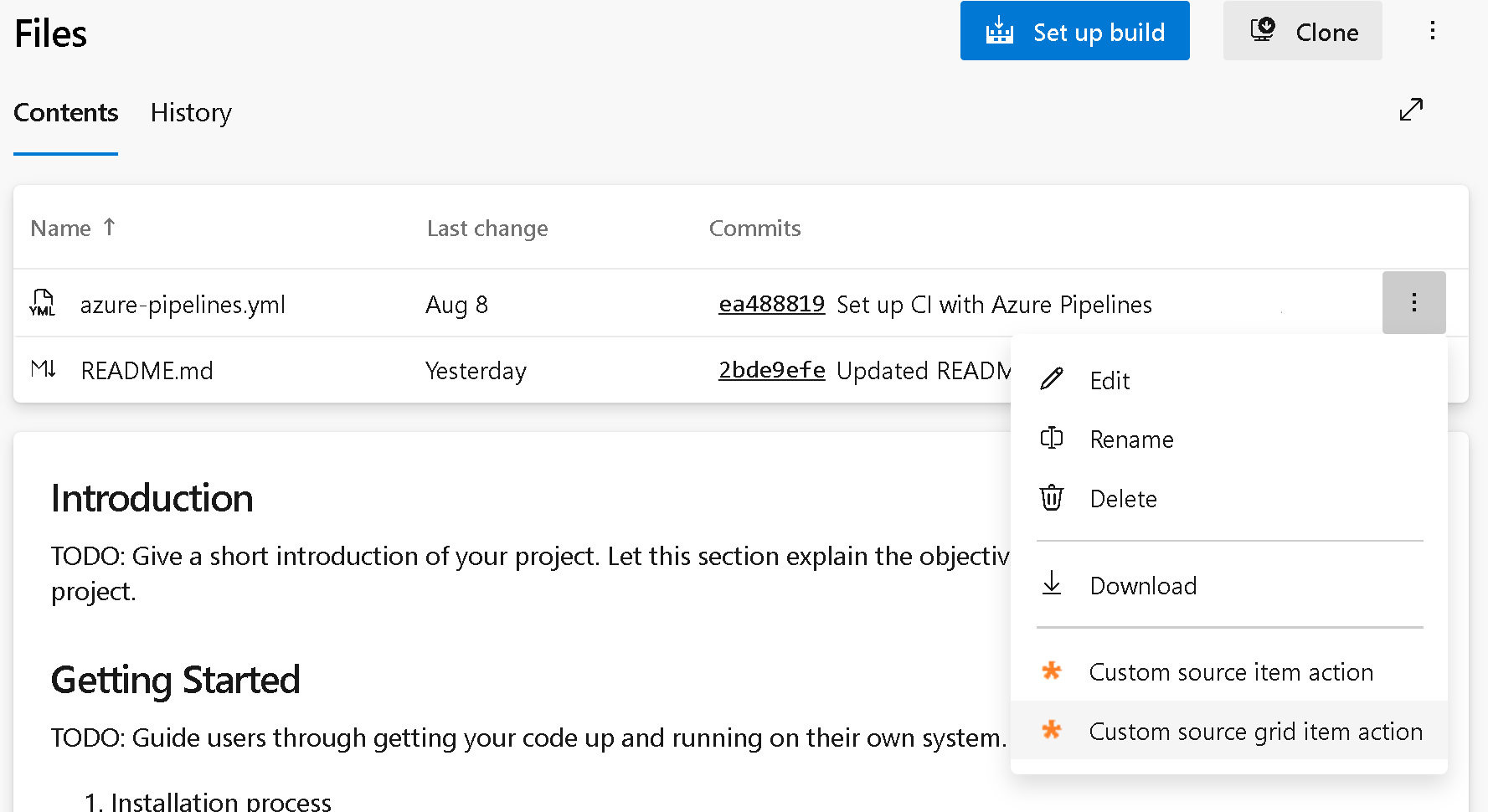 repos 항목 그리드 작업의 스크린샷.