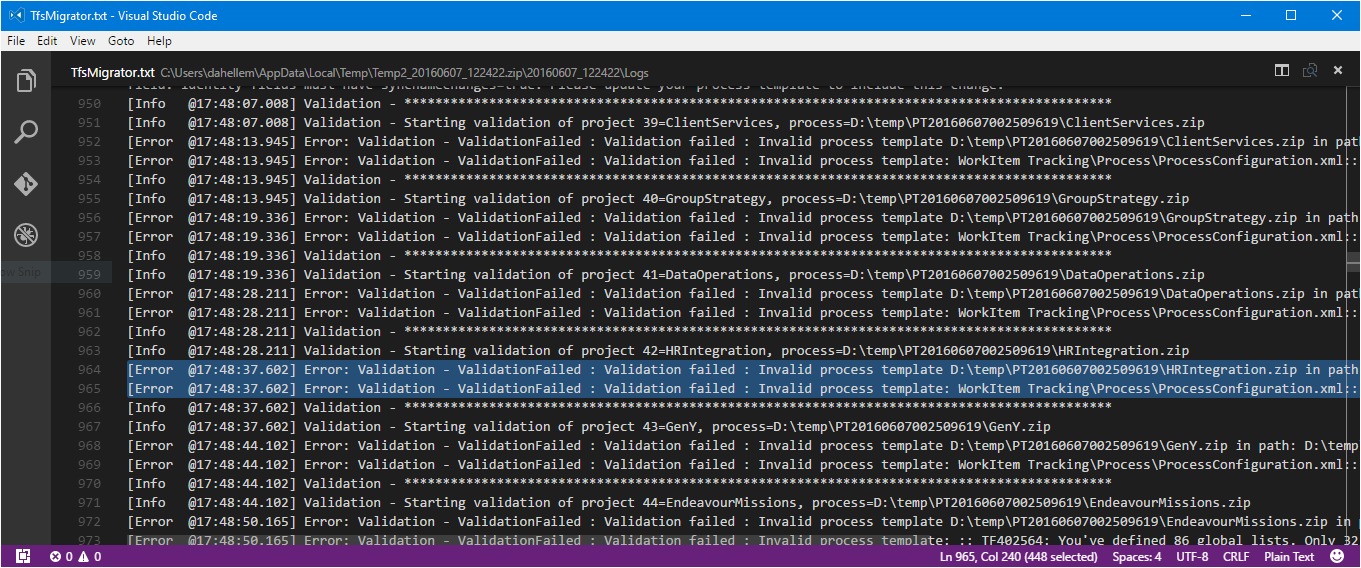 데이터 마이그레이션 도구에서 생성된 DataMigrationTool.log 파일의 스크린샷