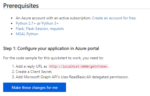 스크린샷은 Azure Portal이 애플리케이션을 구성하는 데 필요한 변경을 할 수 있도록 하는 것을 보여줍니다.