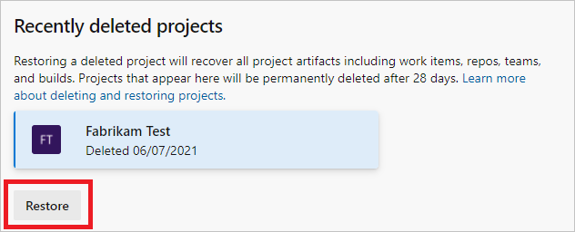 Screenshot showing highlighted project, and Restore button.