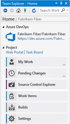 Screenshot of Team Explorer Home page w/ TFVC as source control.