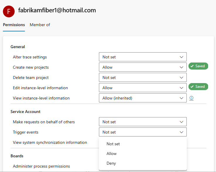 선택한 사용자, 사용 권한의 스크린샷.