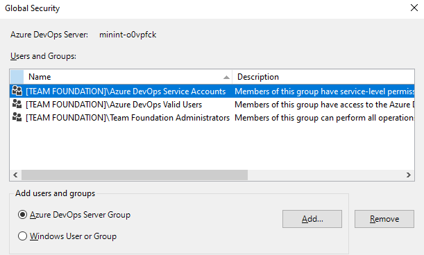Azure DevOps 보안 그룹 대화 상자의 스크린샷.