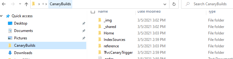 CanaryBuilds 프로젝트에 대한 wiki Git 리포지토리의 로컬 분기를 보여 주는 스크린샷
