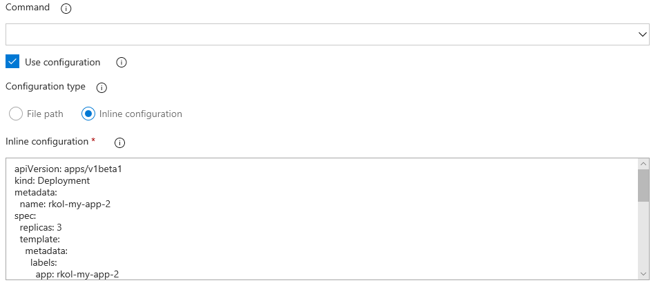 Kubernetes에 배포 작업에서 사양 파일의 인라인 입력입니다.