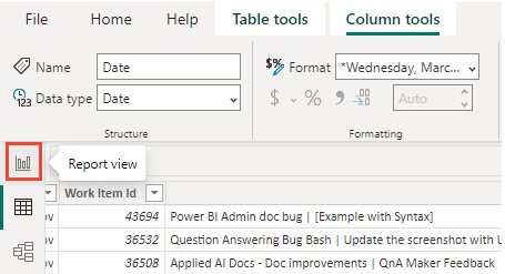 Power BI 보고서 보기 선택 스크린샷