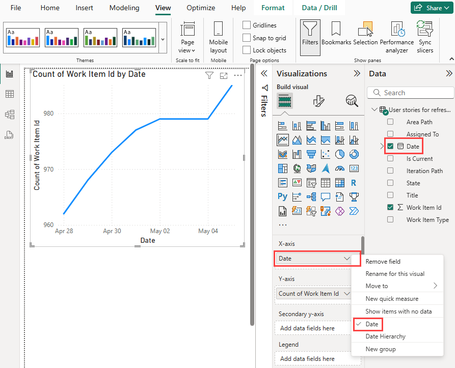 날짜를 선택하고 날짜 계층 구조를 날짜로 변경합니다.
