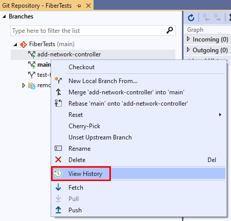 Visual Studio에서 Git 리포지토리 창의 분기 보기에 있는 기록 보기 옵션의 스크린샷