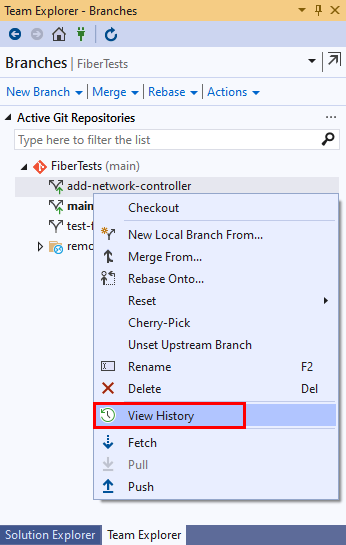 Visual Studio 2019의 팀 탐색기 분기 보기에 있는 기록 보기 옵션의 스크린샷