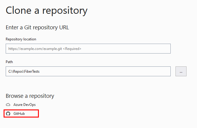 Visual Studio의 '리포지토리 복제' 창에 있는 GitHub 옵션의 스크린샷
