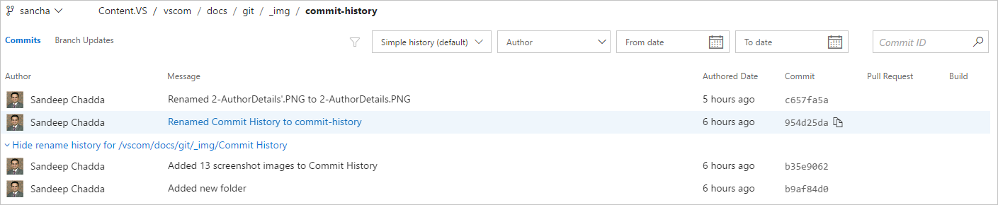 파일 또는 폴더 이름 바꾸기 전에 커밋 표시