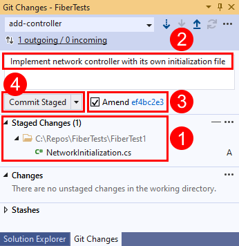 Visual Studio의 'Git 변경 내용' 창에서 '이전 커밋 수정' 옵션을 보여 주는 스크린샷