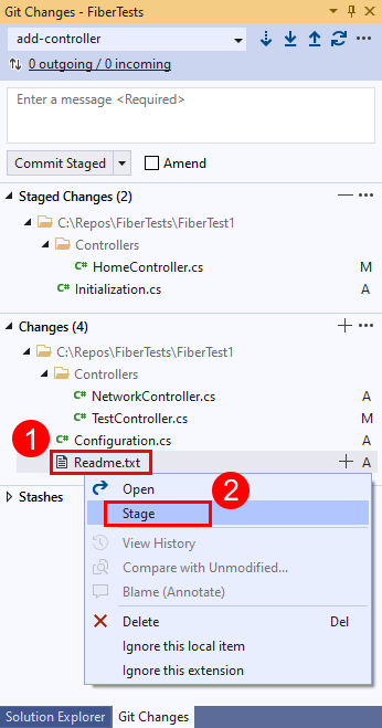 Visual Studio의 'Git 변경 내용' 창에 있는 변경 내용 옵션의 스크린샷