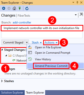 Visual Studio 2019 팀 탐색기의 '변경 내용' 보기에서 '이전 커밋 수정' 옵션을 보여 주는 스크린샷