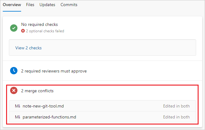 P R의 개요 탭에 있는 병합 충돌을 보여주는 스크린샷