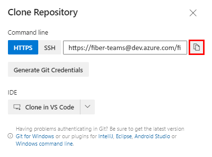 Azure DevOps 프로젝트 사이트의 '리포지토리 복제' 팝업 스크린샷.
