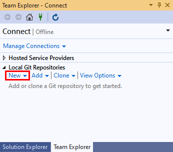 Visual Studio 2019에서 '팀 탐색기'의 '연결' 보기에 있는 '로컬 Git 리포지토리' 섹션의 새 리포지토리 옵션 스크린샷