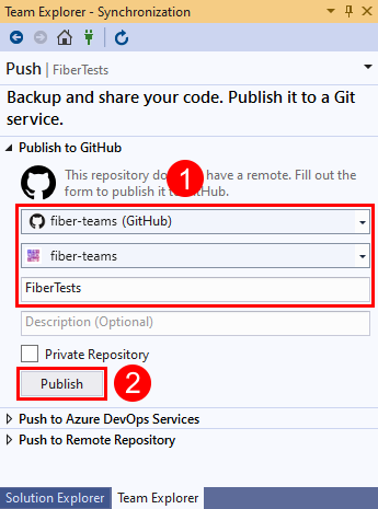 Visual Studio 2019의 '팀 탐색기' '동기화' 보기에 있는 GitHub 계정, 이름 및 리포지토리 이름 옵션 및 '게시' 단추의 스크린샷