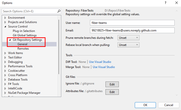 Visual Studio의 옵션 대화 상자에 있는 Git 리포지토리 설정 스크린샷
