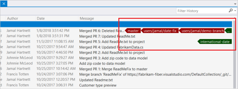 기록 보기의 Visual Studio 뷰 태그 스크린샷