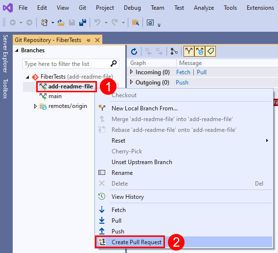 Visual Studio의 'Git 리포지토리' 창에 있는 분기 상황에 맞는 메뉴의 '끌어오기 요청 만들기' 메뉴 옵션 스크린샷