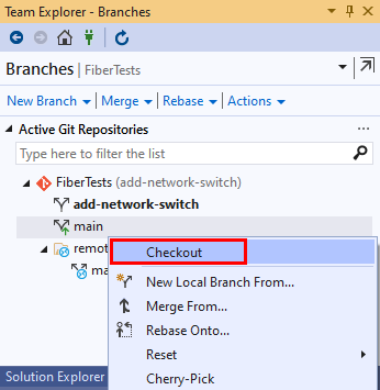 Visual Studio 2019 팀 탐색기의 분기 보기에 있는 체크 아웃 옵션의 스크린샷