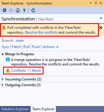 Visual Studio 2019 팀 탐색기의 동기화 보기에 있는 끌어오기 충돌 메시지의 스크린샷