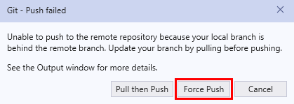 Visual Studio에서 Git-push 실패 대화 상자의 스크린샷