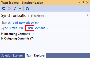 Visual Studio 2019 팀 탐색기의 동기화 보기에 있는 푸시 링크의 스크린샷.