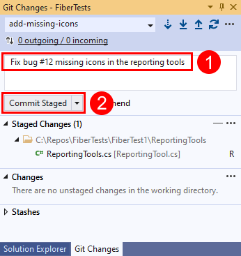 Visual Studio의 'Git 변경 내용' 창에 있는 '모두 커밋' 단추의 스크린샷.