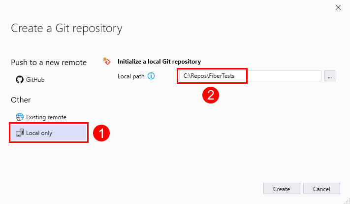 Visual Studio 2019에서 '로컬 전용' 옵션이 선택된 'Git 리포지토리 만들기' 창의 스크린샷