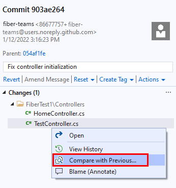 Visual Studio의 커밋 창에 있는 '이전과 비교' 옵션의 스크린샷.