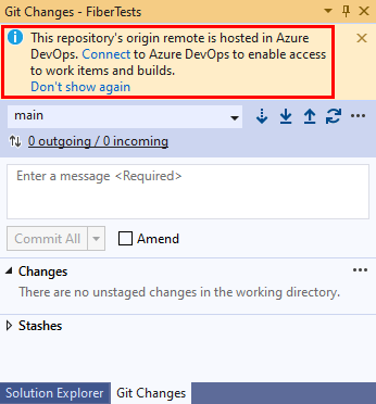 Visual Studio 2019의 'Azure DevOps' 리포지토리에 코드가 있다는 확인 메시지가 포함된 'Git 변경 내용' 창의 스크린샷