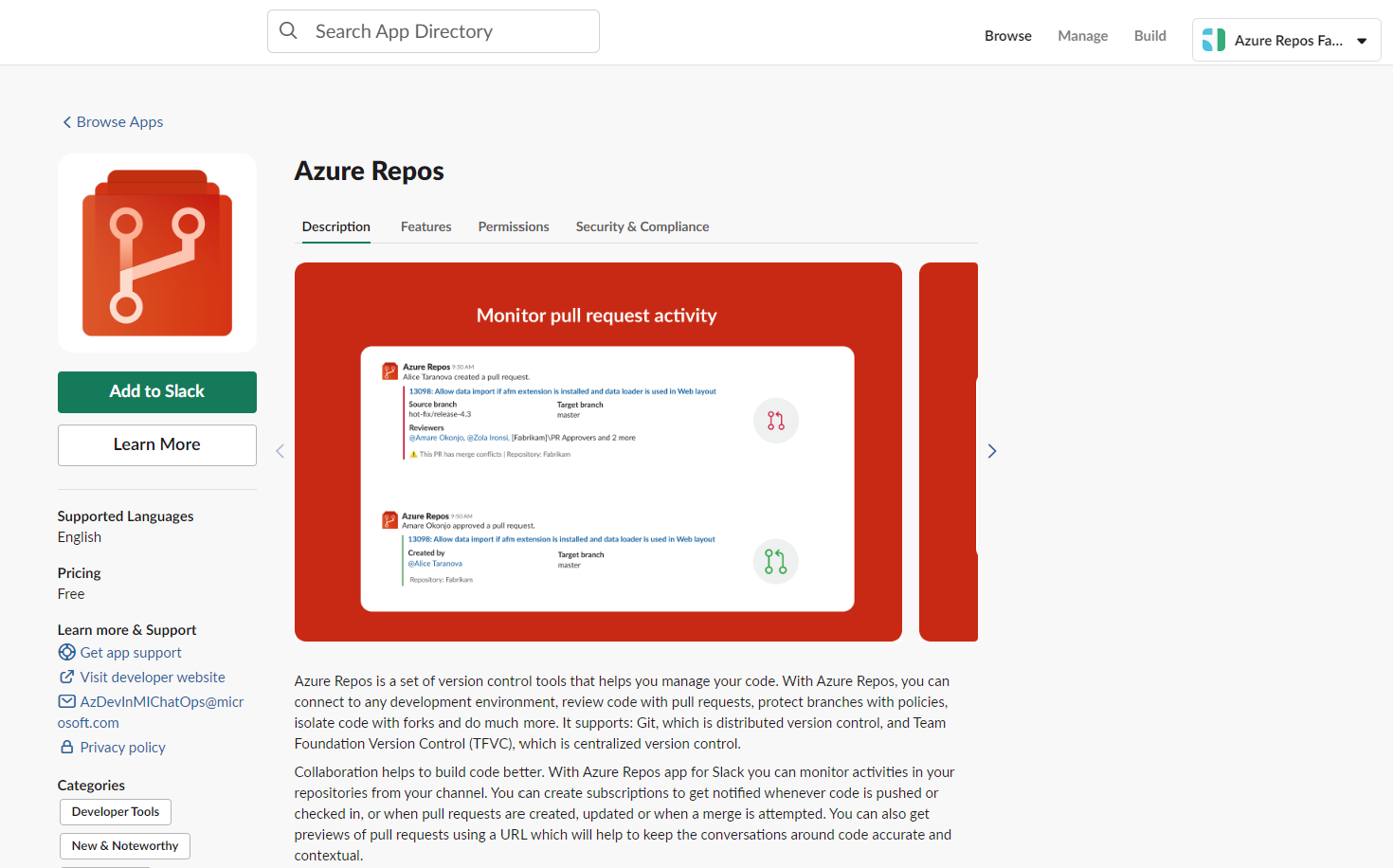 Slack 앱 디렉터리, Azure Repos 및 단추, Slack에 추가의 스크린샷.