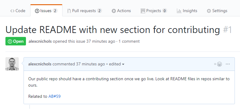 Azure Boards의 작업 항목을 GitHub의 관련 문제와 연결할 수 있음을 보여 주는 스크린샷