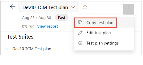 테스트 계획 추가 작업 메뉴, 테스트 계획 복사 옵션을 보여 주는 스크린샷.