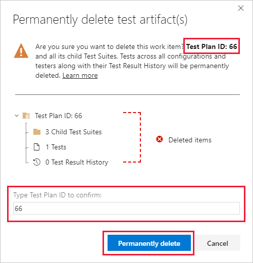 Screenshot shows Permanently delete test artifacts dialog box.