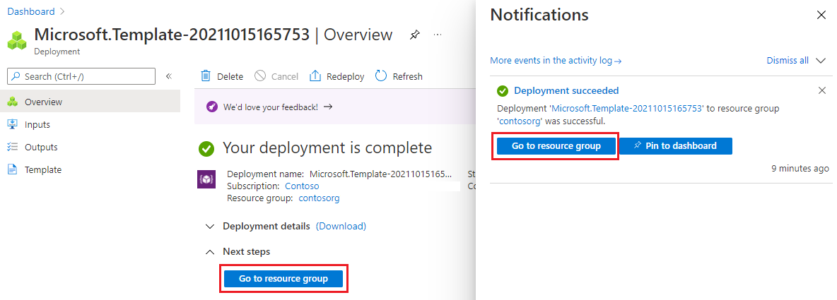Screenshot that shows deployment complete and the Go to resource group button.